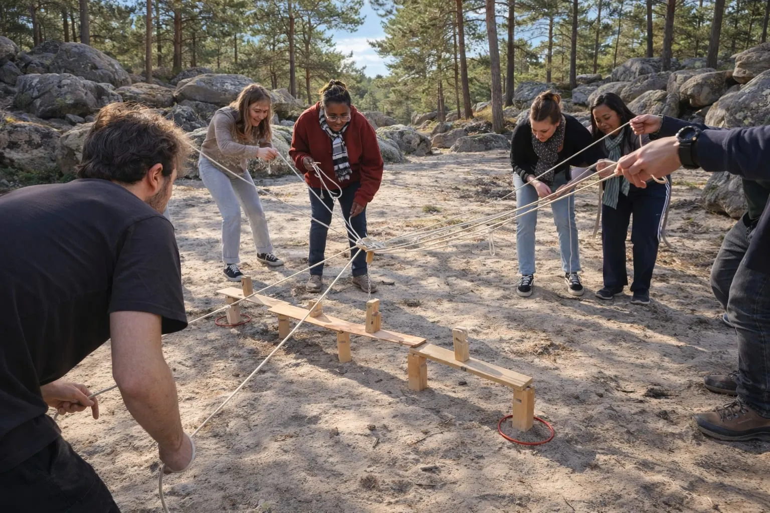 Défi coopératif avec cordes en pleine nature - activité team building cohésion d'équipe