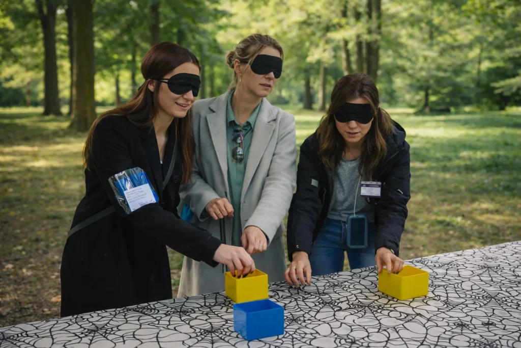 Atelier les yeux bandés en séminaire - reconnexion aux sens et communication team building